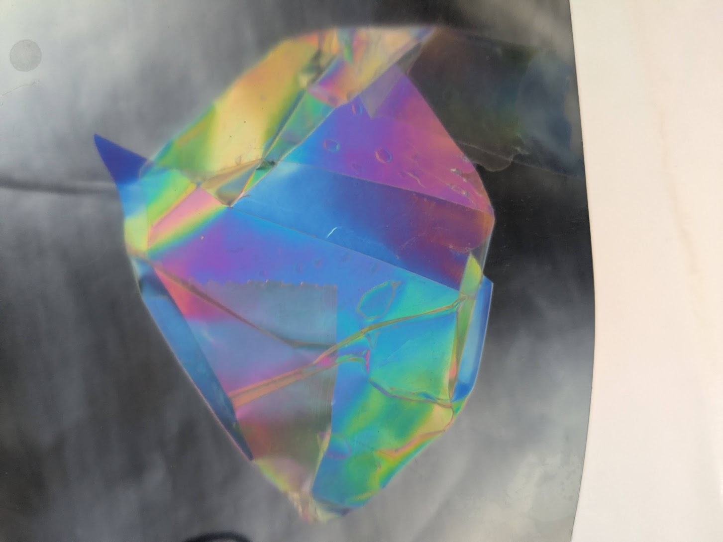 Packing tape under crossed polarizers showing Michel-Lévy interference colors